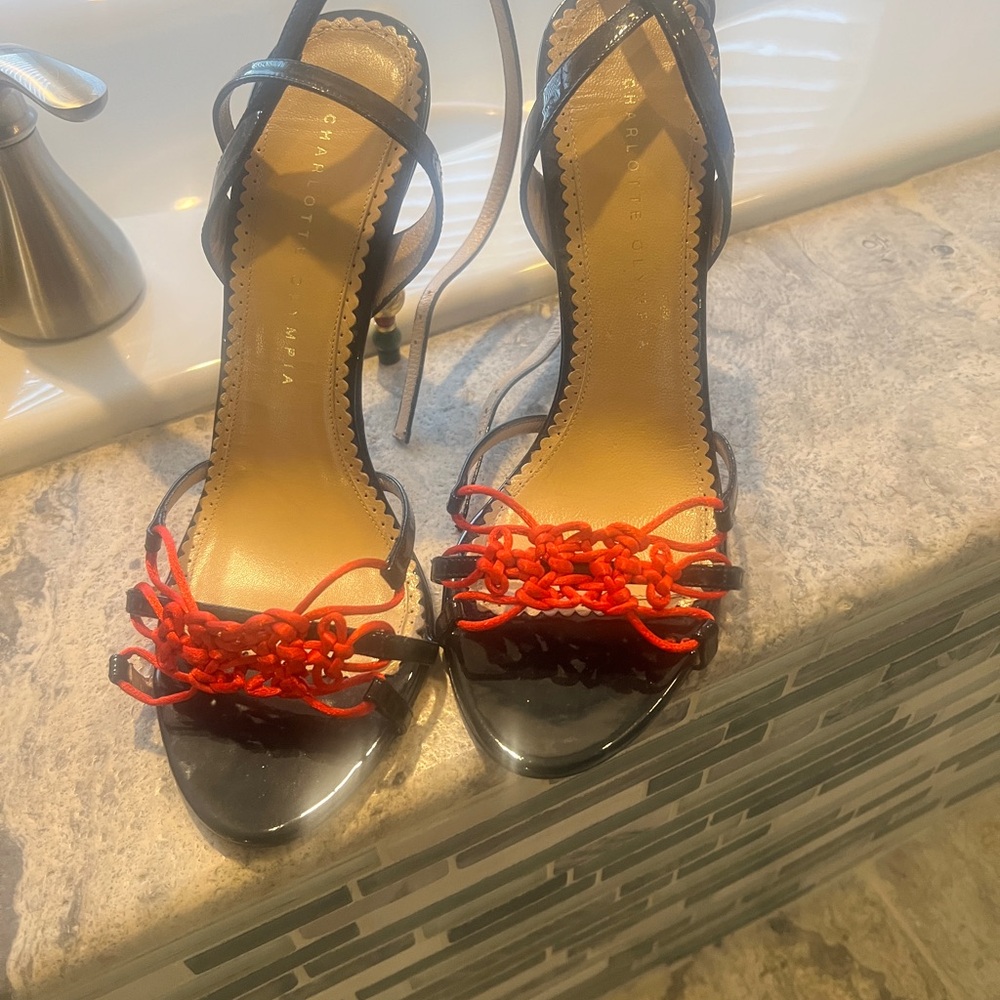 Charlotte Olympia Black and Red Strappy Heels